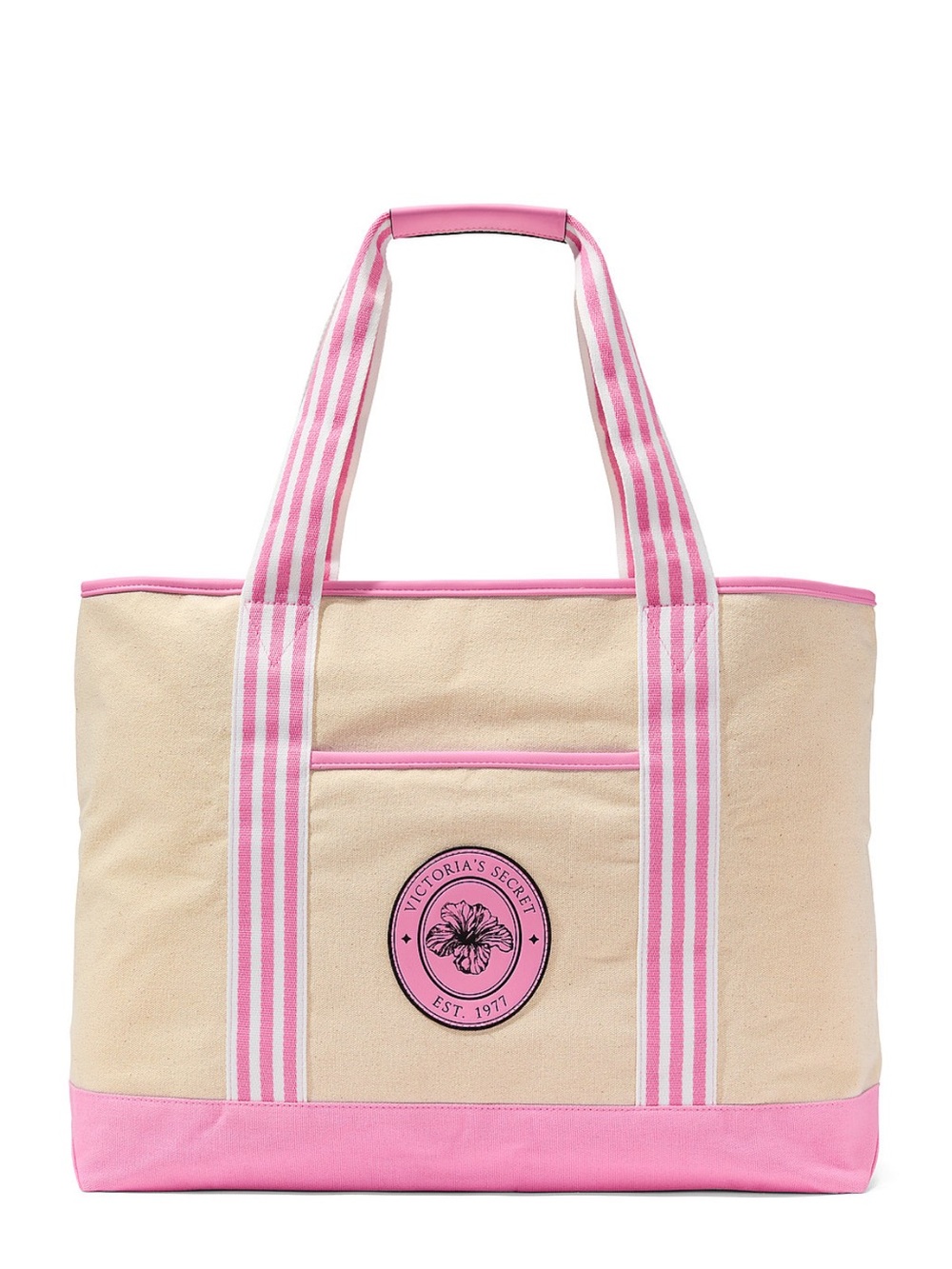 Victoria's Secret Cream and Pink Canvas Tote with Striped Handles